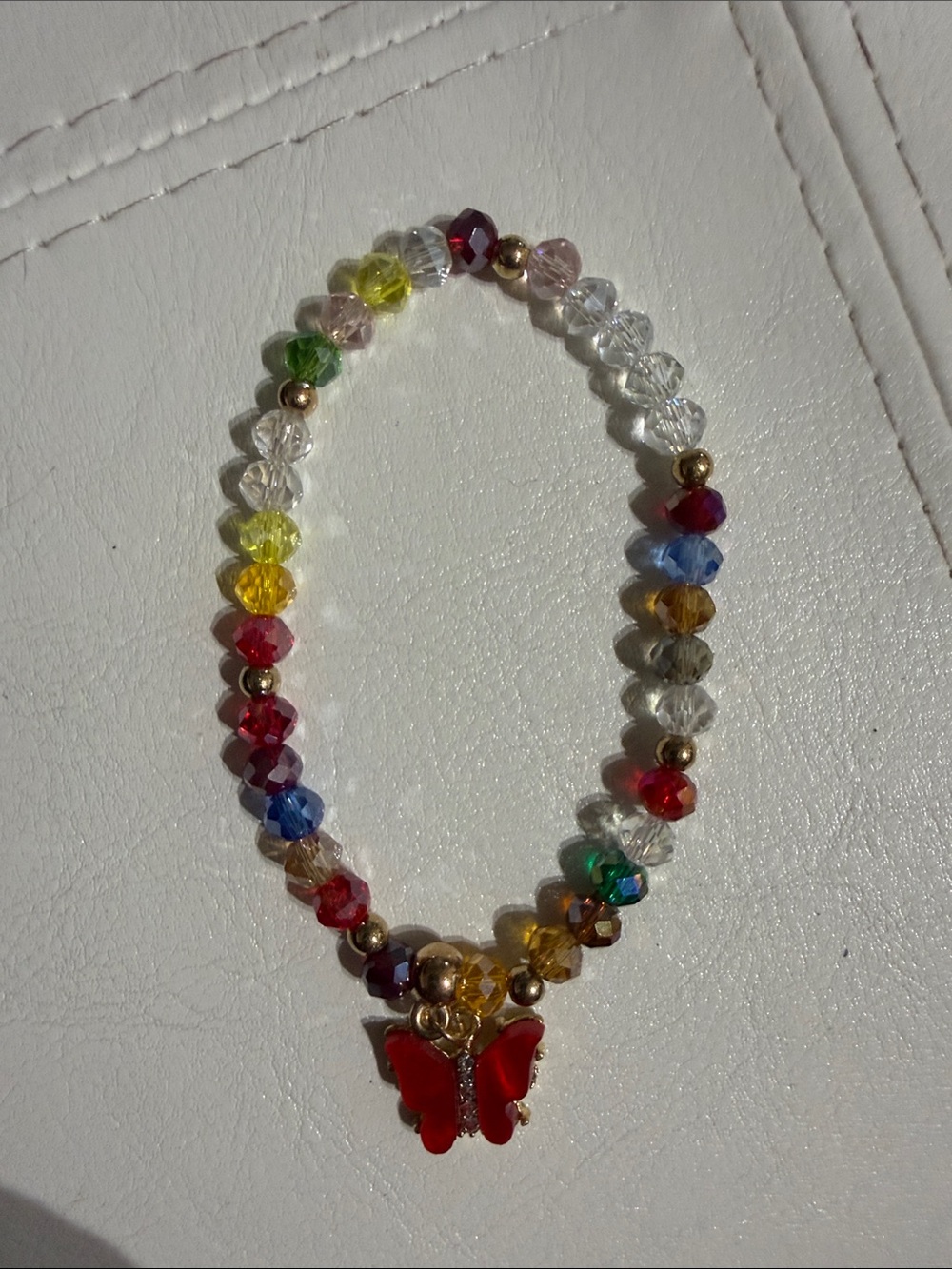 Multicolor Crystal Beaded Bracelet with Red Butterfly Charm
